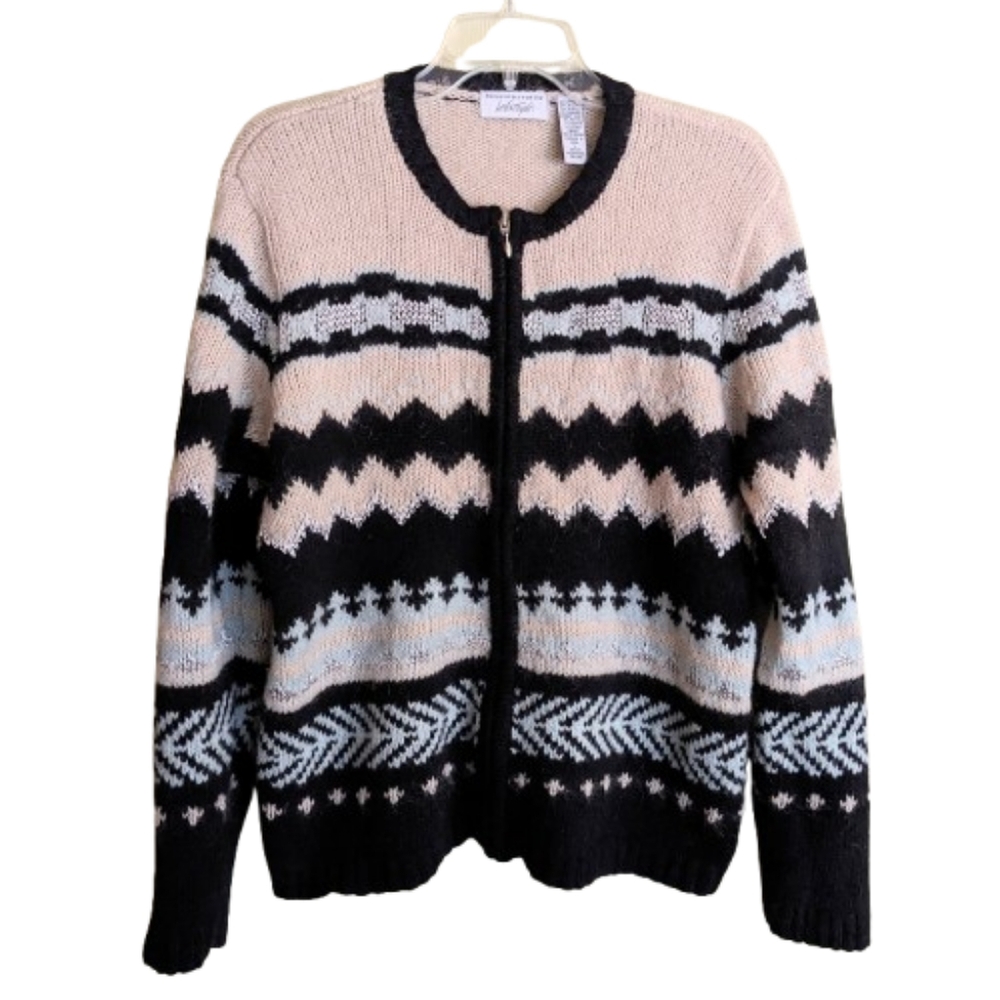 Vintage Lord & Taylor Fair Isle Sweater Full Zip Wool Angora Size L Christmas